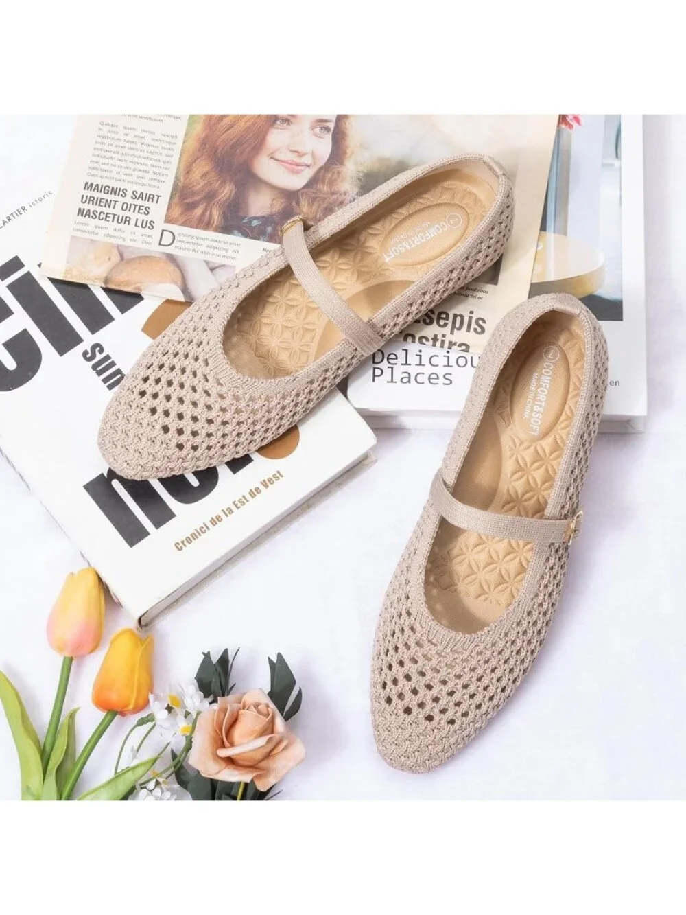 Women's Beige Rubber Knit Square Toe Ballet Flats With Strap Comfortable Shoes